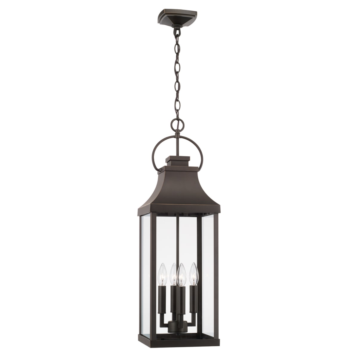9" W x 29.5" H Outdoor 4-Light Hanging Lantern in Oiled Bronze with Clear Glass