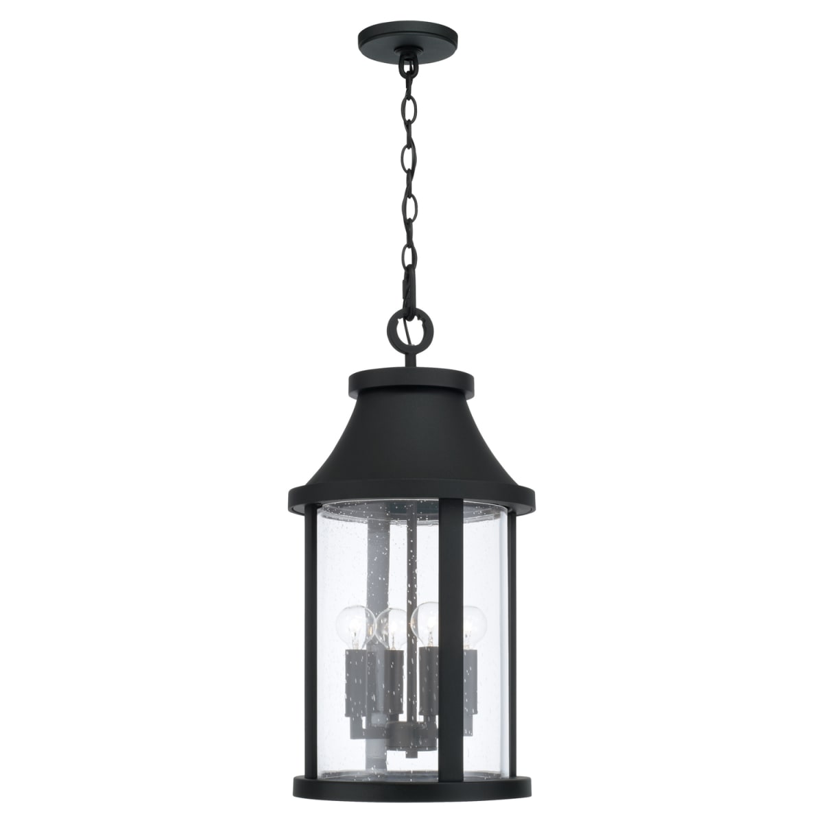 11.50"W x 23.50"H 4-Light Outdoor Cylindrical Hanging Lantern in Black with Seeded Glass