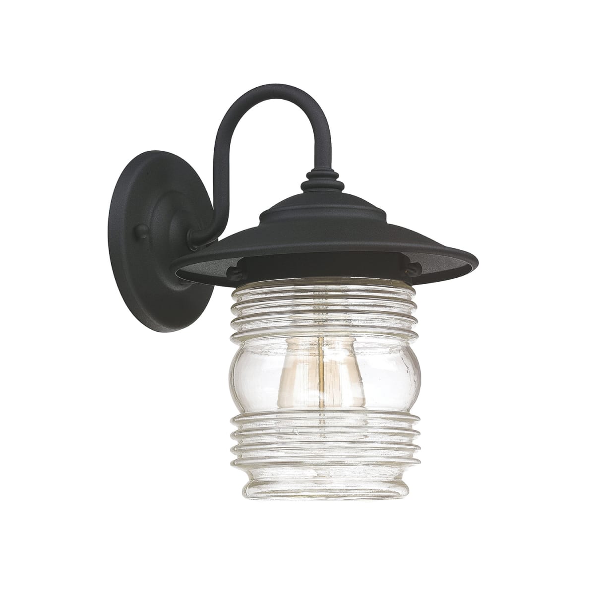 8"W x 11"H 1-Light Clear Ringed Glass Outdoor Wall Lantern in Black
