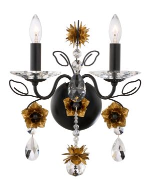 Camellia 2 Light 120V Wall Sconce in Antique Silver with Heirloom Gold Flowers and Clear Radiance Crystal