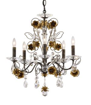 Camellia 5 Light 120V Chandelier in Antique Silver with Heirloom Gold Flowers and Clear Radiance Crystal