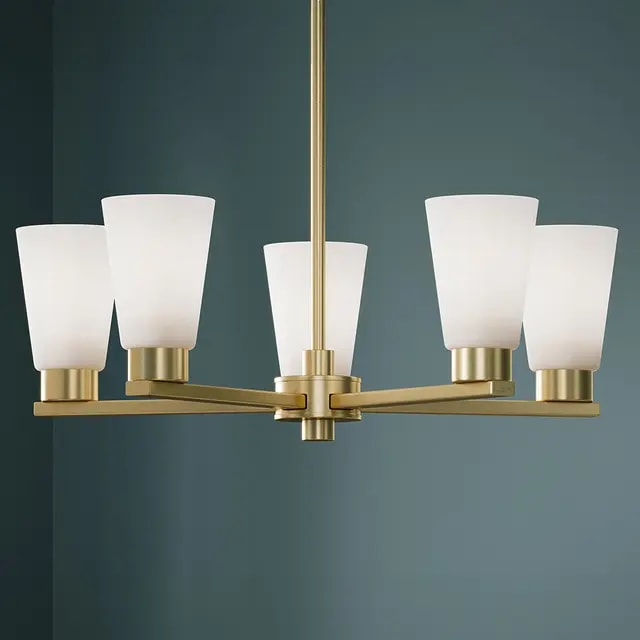 Stamos 24 inch 5 Light Chandelier with Satin Etched Glass in Brushed Gold