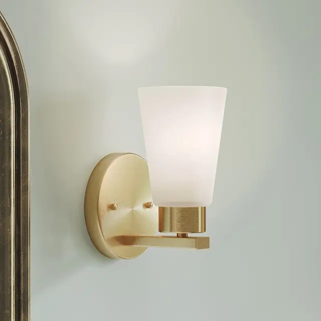 Stamos 8 inch 1 Light Wall Sconce with Satin Etched Glass in Brushed Gold
