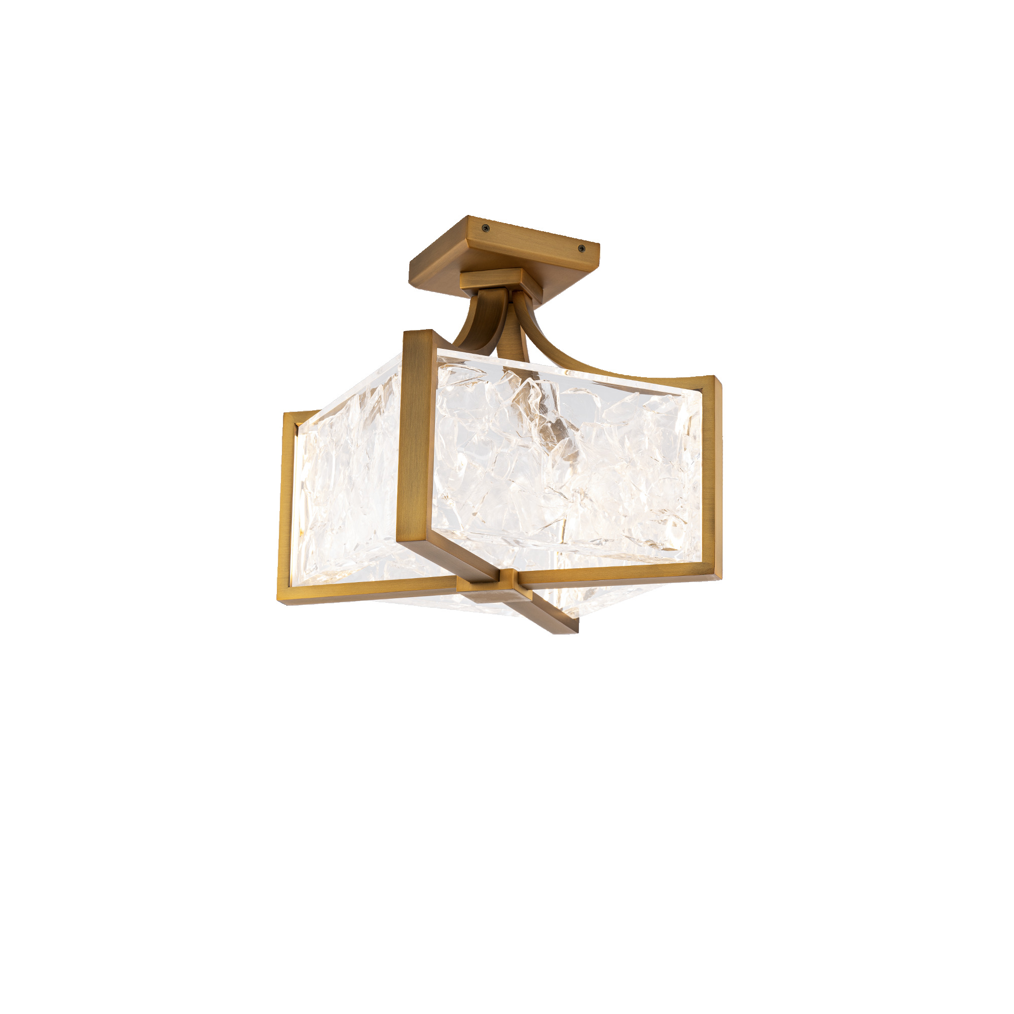 The Emblem flush mount light offers a refined update to traditional styles. A compelling blend of a cross-brace design holding reclaimed crystal panels and 3000K LED technology creates a peerless, enduring look for contemporary spaces. This 12-inch luminaire is available in a choice of aged brass or brushed nickel finishes.