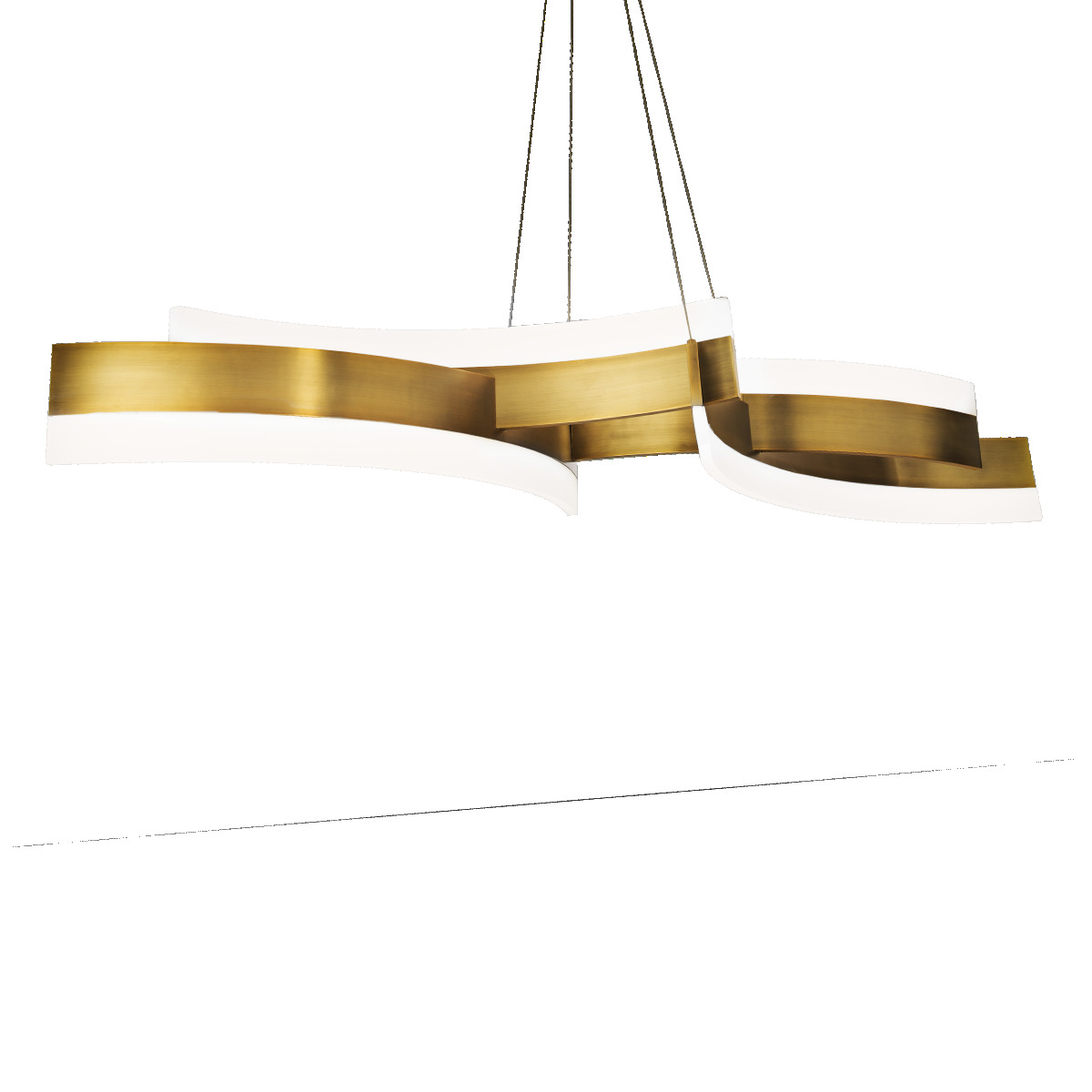 A sleek and sophisticated chandelier for contemporary and transitional spaces. Concave and convex arcs are mirrored above and below. A statement piece for over a dining or conference table.