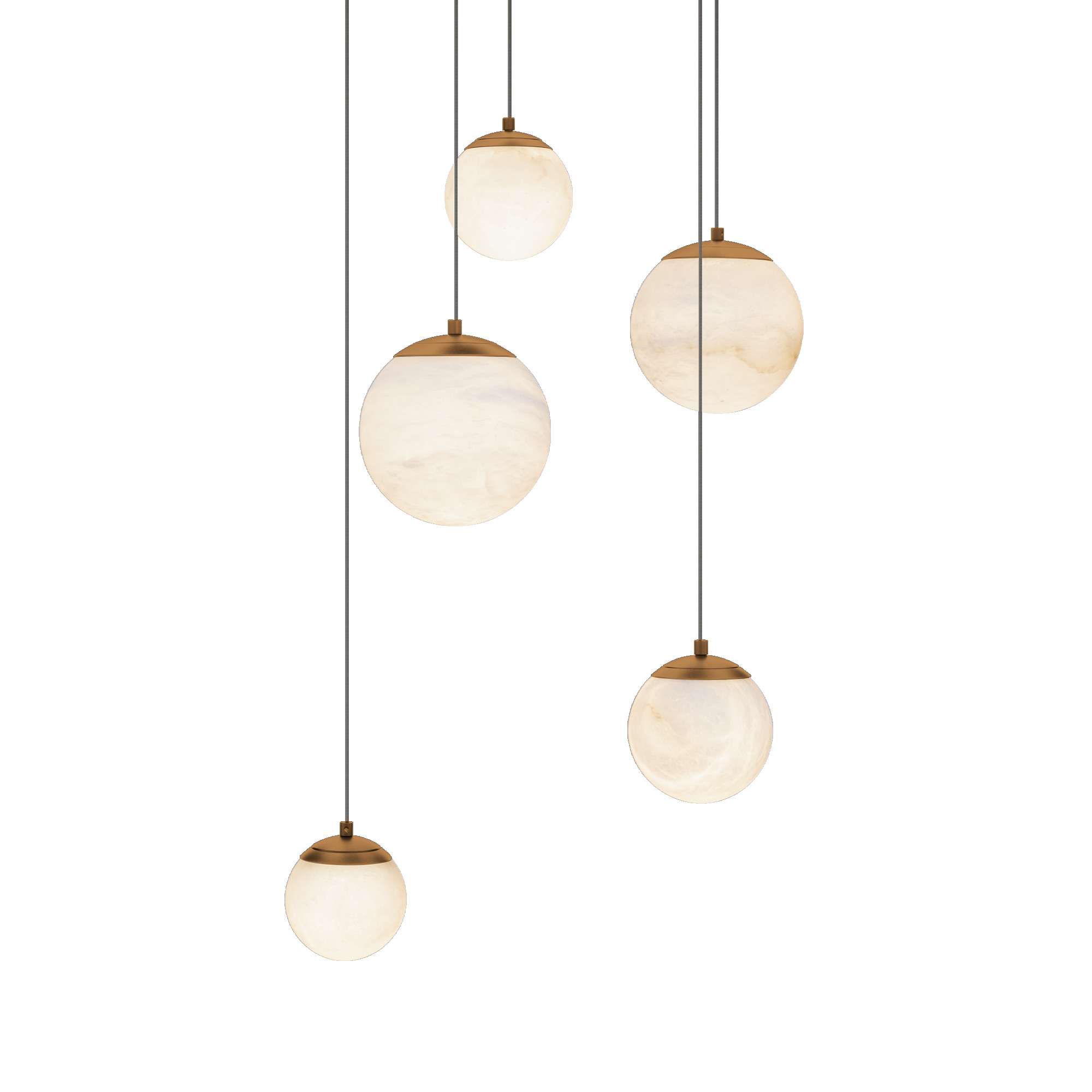 Embracing the art of light, a multitude of natural Spanish Alabaster orbs shimmer at different heights from a multi-point canopy, casting an entrancing celestial glow.