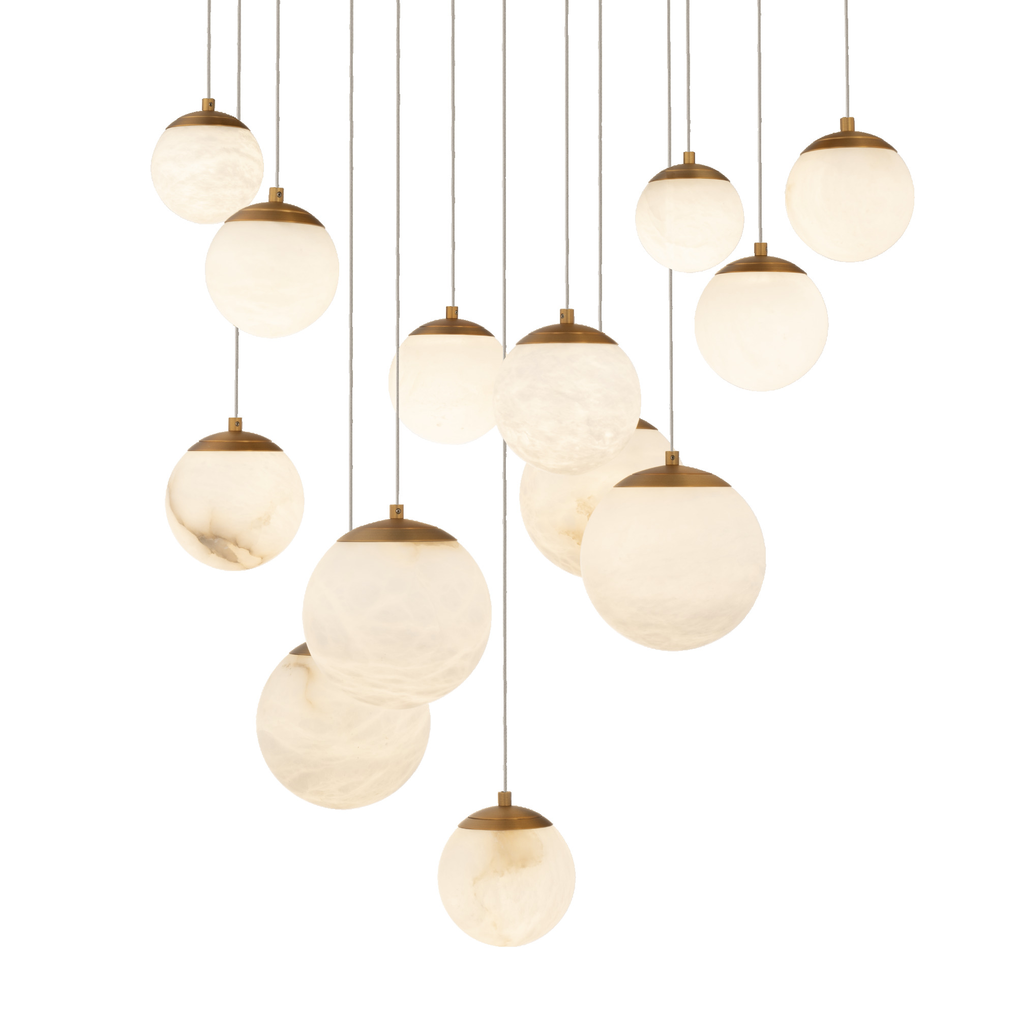 Embracing the art of light, a multitude of natural Spanish Alabaster orbs shimmer at different heights from a multi-point canopy, casting an entrancing celestial glow.