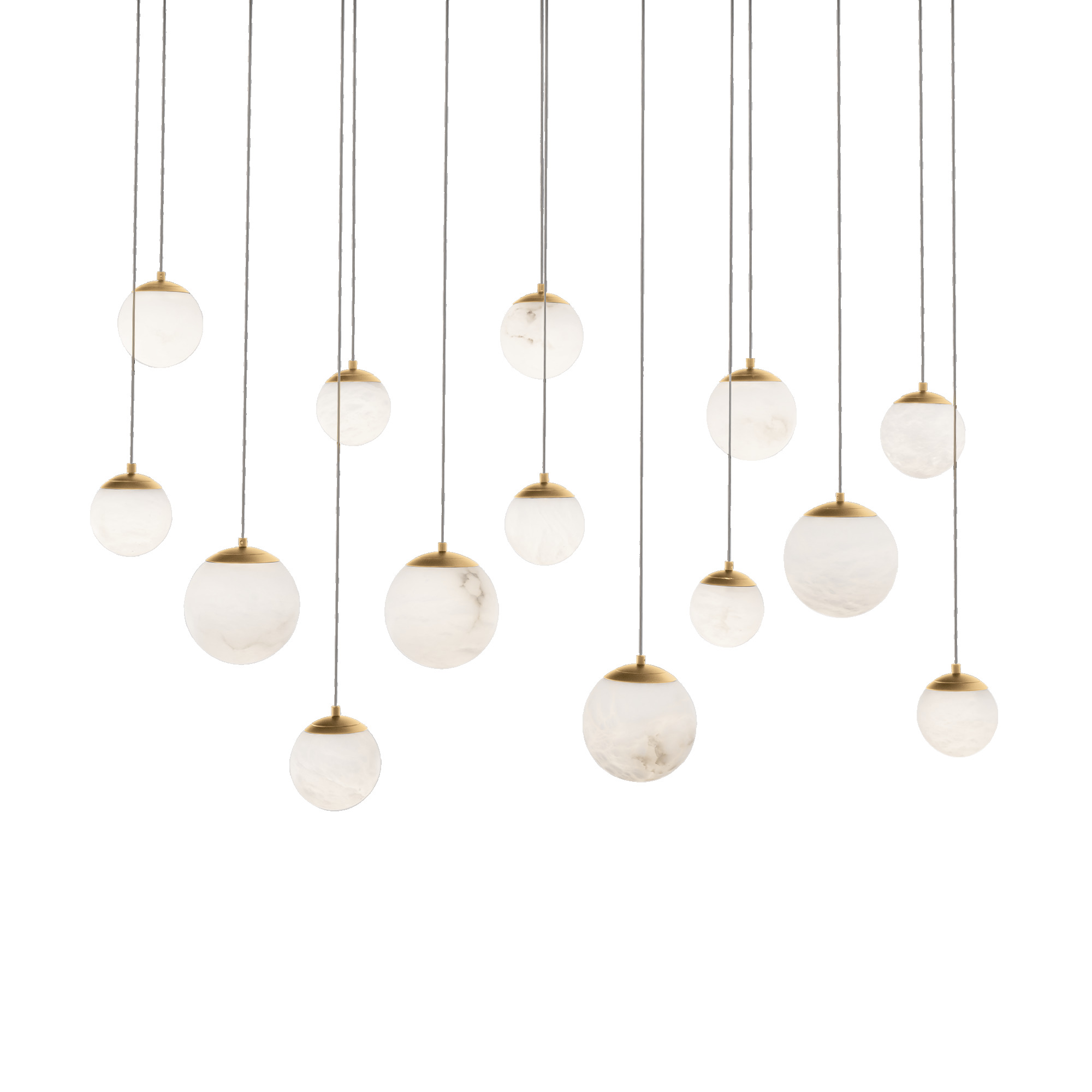 Embracing the art of light, a multitude of natural Spanish Alabaster orbs shimmer at different heights from a multi-point canopy, casting an entrancing celestial glow.