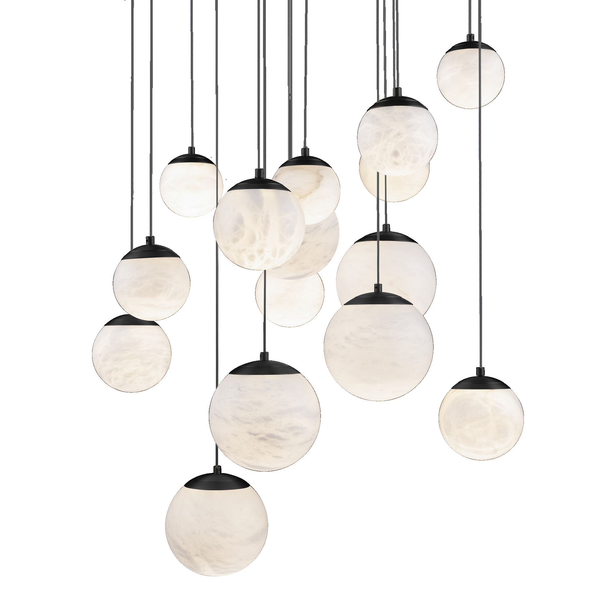 Embracing the art of light, a multitude of natural Spanish Alabaster orbs shimmer at different heights from a multi-point canopy, casting an entrancing celestial glow.
