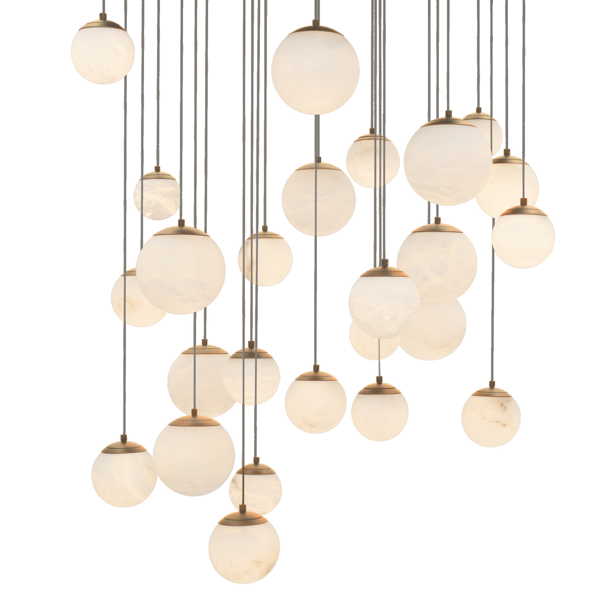Embracing the art of light, a multitude of natural Spanish Alabaster orbs shimmer at different heights from a multi-point canopy, casting an entrancing celestial glow.