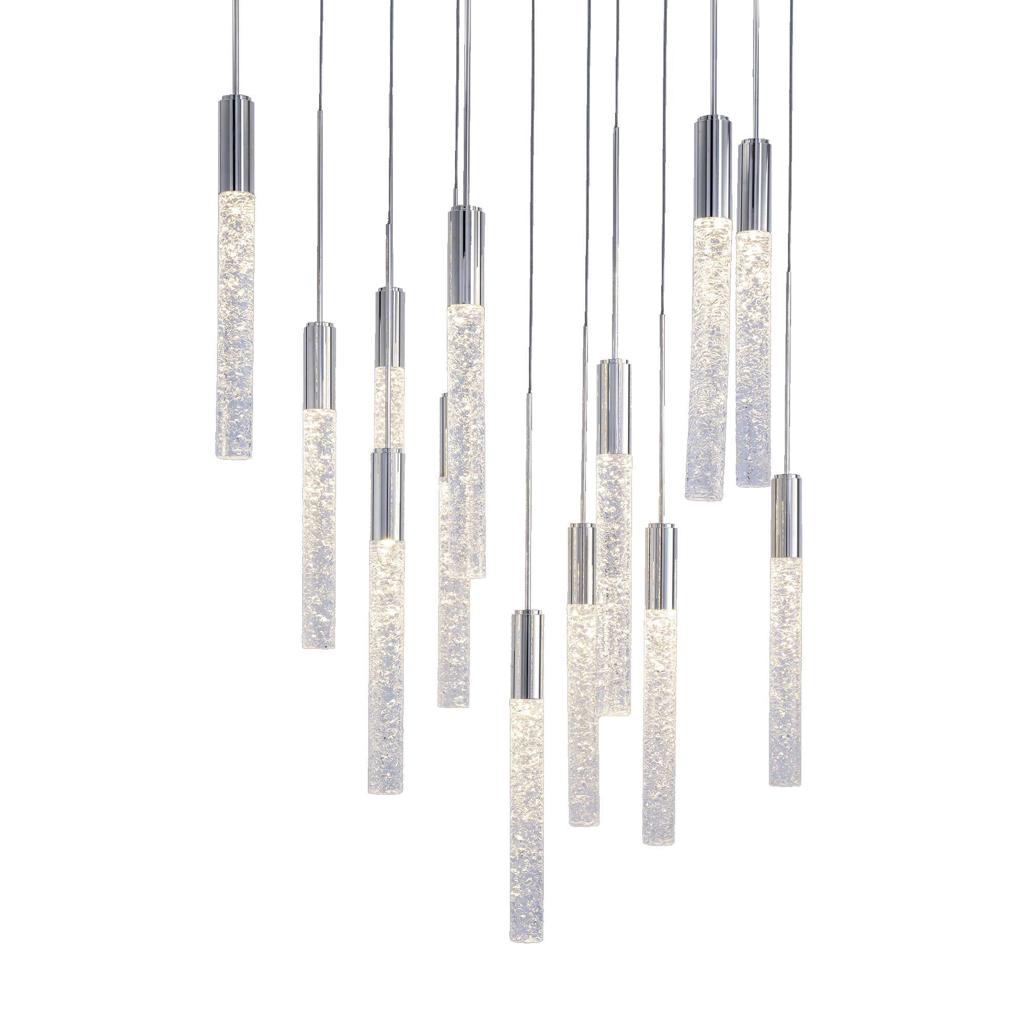 Crafted from sparkling Piastra crystal, these pendants are installed in various arrangements to create an artful statement as well as deliver ample lighting to spaces throughout a home or business.