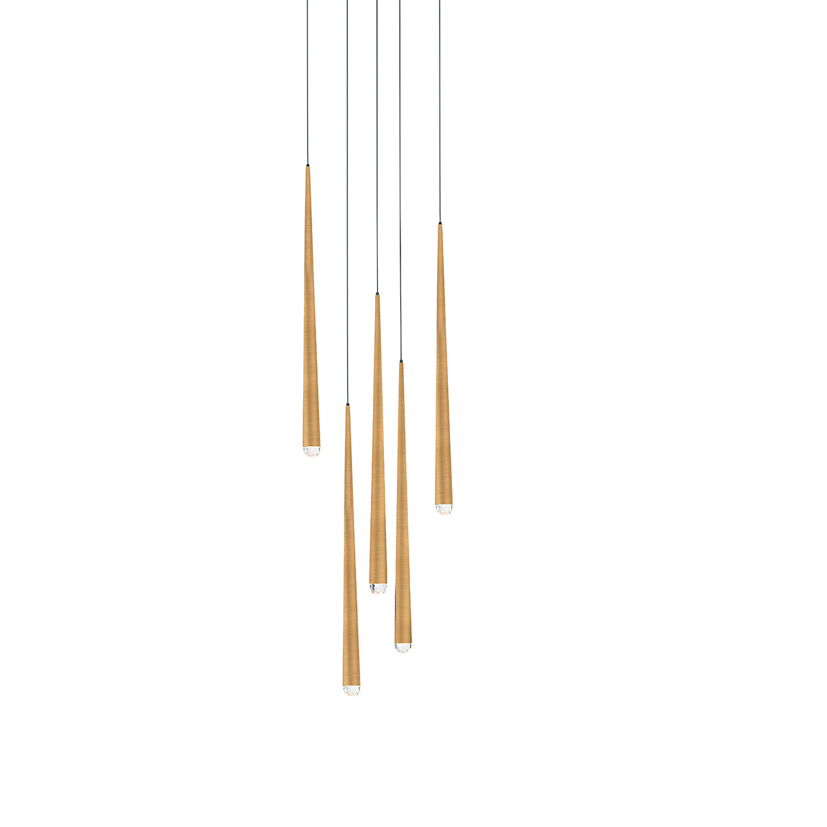A new aged brass finish updates the original Cascade design for a more refined take on minimalist glam. Each pendant illuminates bountifully while the jeweled crystal caps, expertly hand-cut, punctuate each piece like a chic yet understated exclamation of luxury.