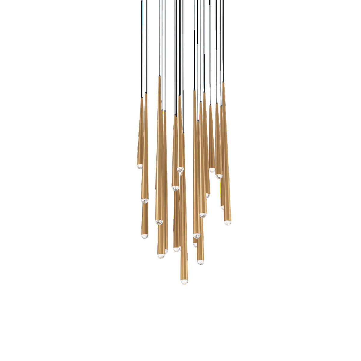 A new aged brass finish updates the original Cascade design for a more refined take on minimalist glam. Each pendant illuminates bountifully while the jeweled crystal caps, expertly hand-cut, punctuate each piece like a chic yet understated exclamation of luxury.