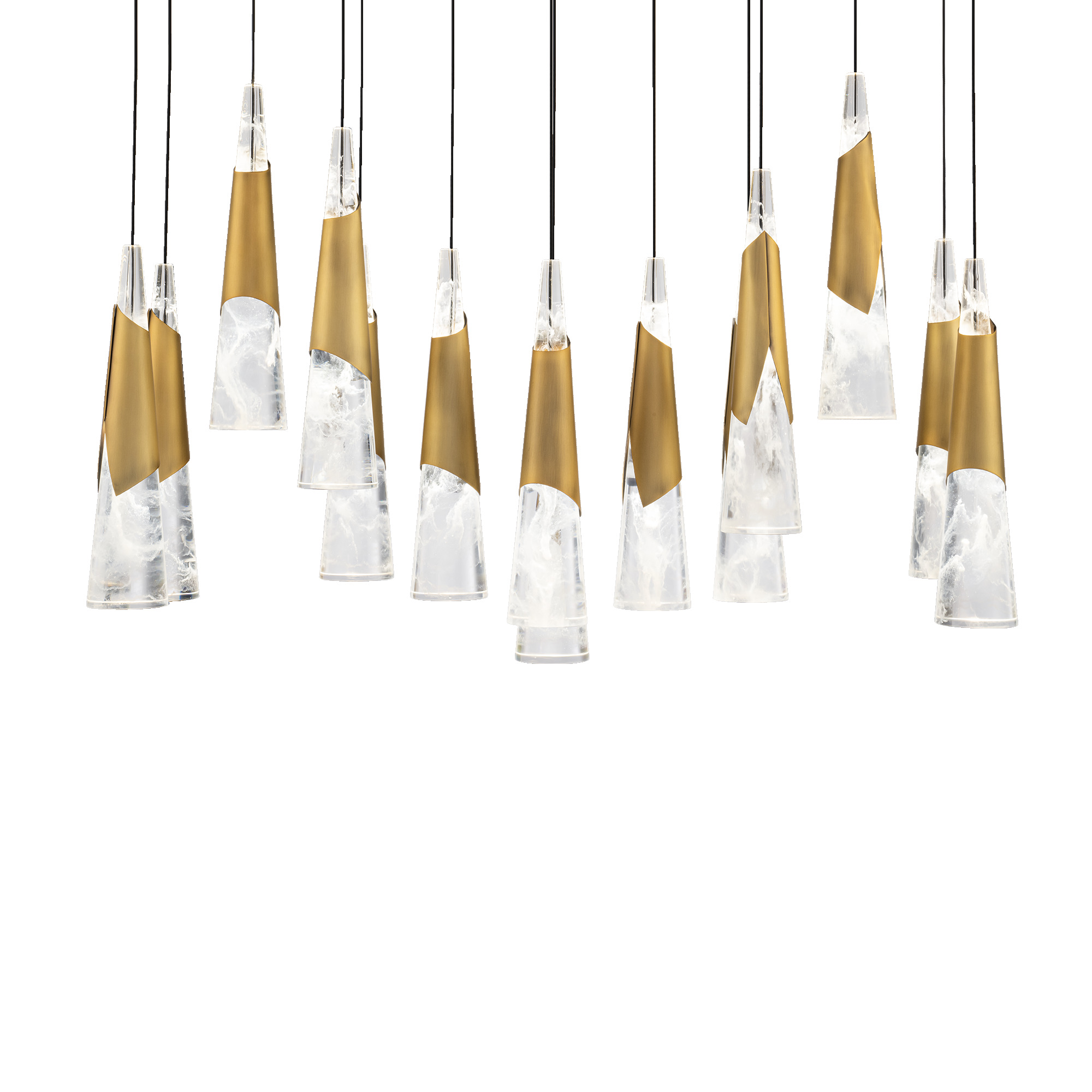 Hazy acrylic cones combine with crisp metal skirts on these pendants, which are installed on one canopy, creating an artful statement and delivering ample lighting to spaces throughout a home or business.