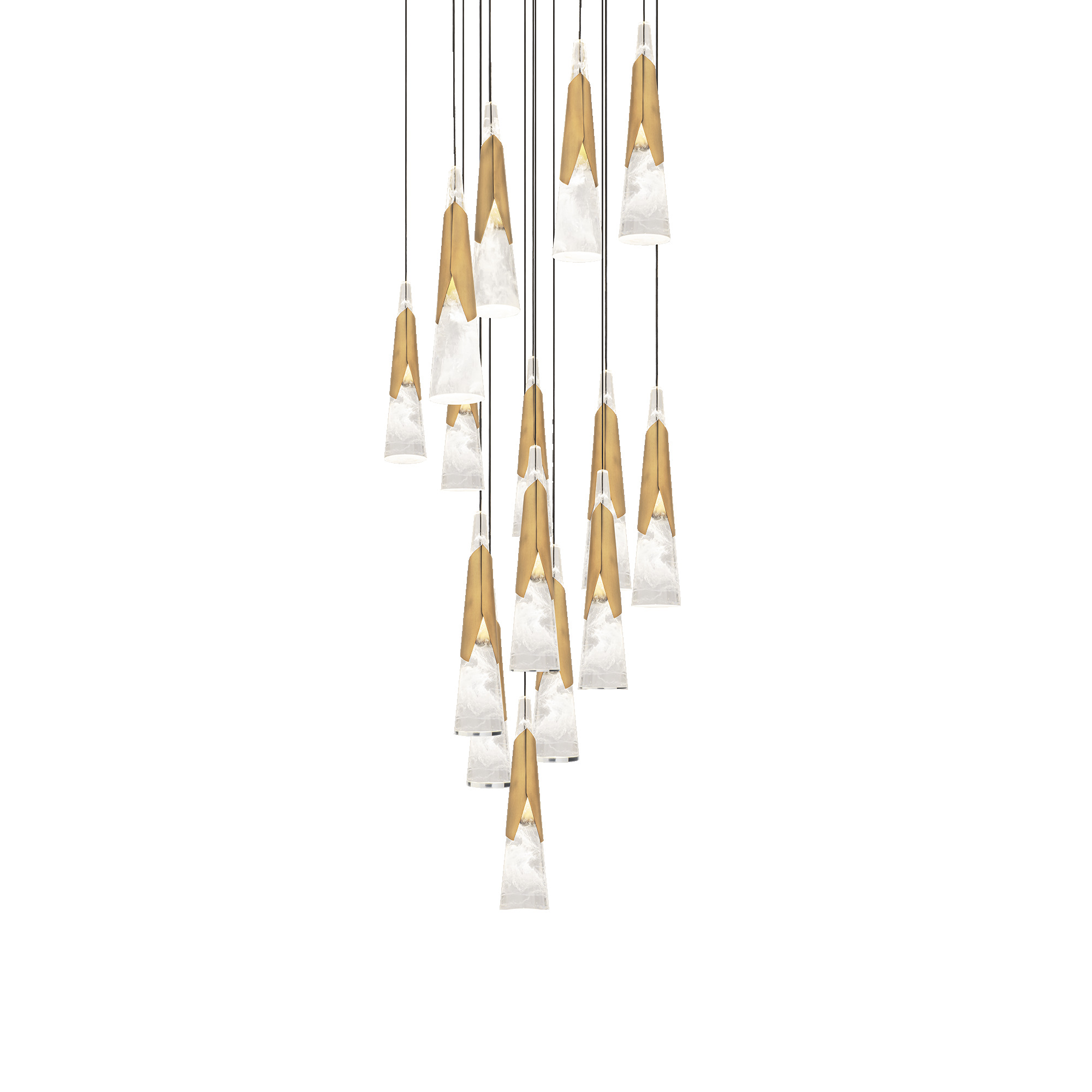 Hazy acrylic cones combine with crisp metal skirts on these pendants, which are installed on one canopy, creating an artful statement and delivering ample lighting to spaces throughout a home or business.