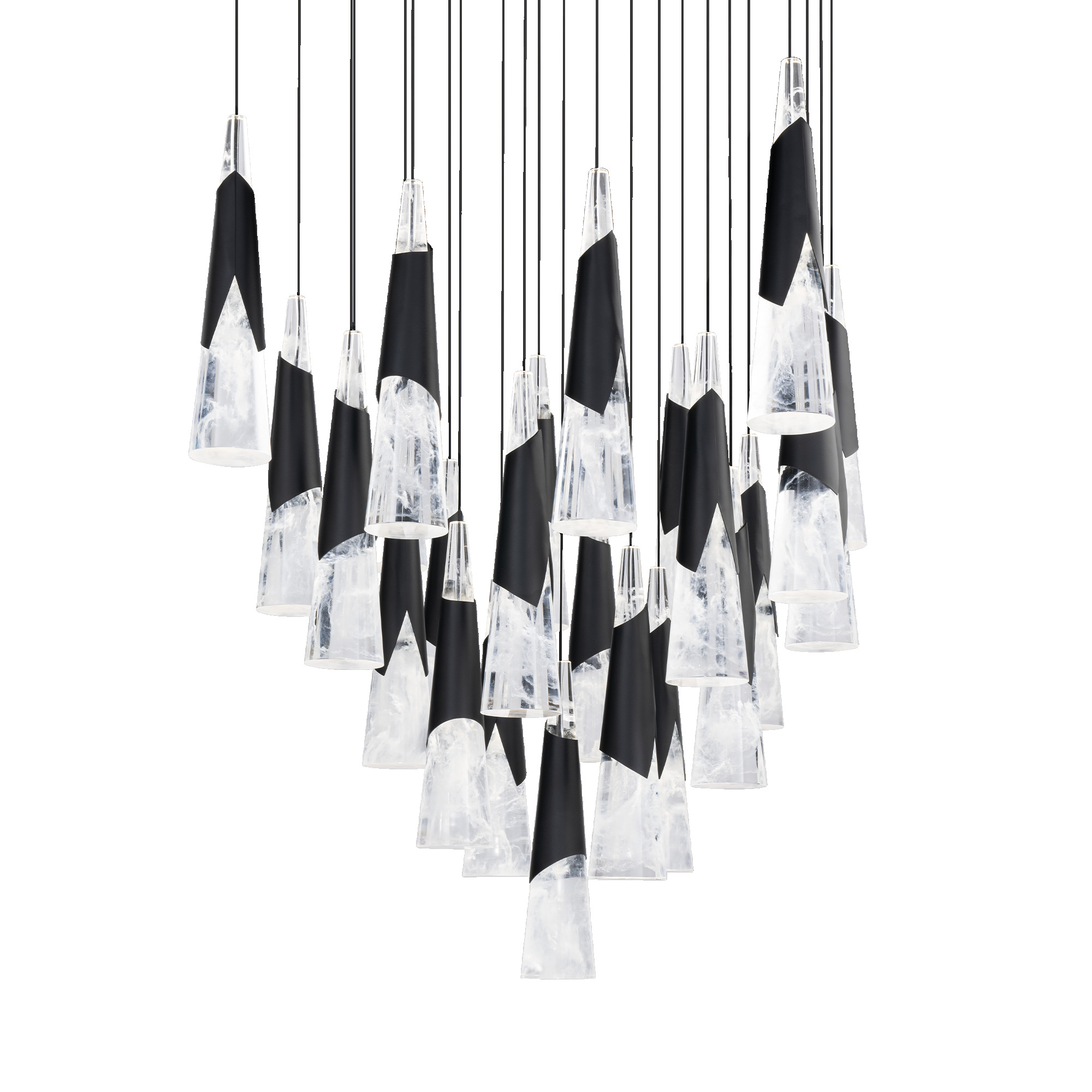Hazy acrylic cones combine with crisp metal skirts on these pendants, which are installed on one canopy, creating an artful statement and delivering ample lighting to spaces throughout a home or business.