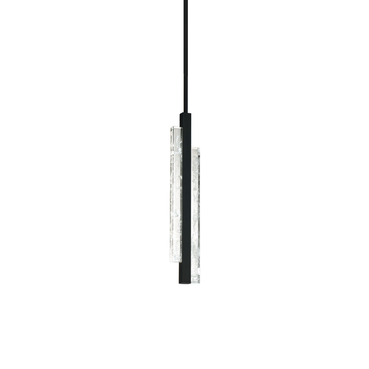 Staggered illuminated elements on an asymmetrical design complete a unique look. This innovative pendant features a contrasting black spear for a bold modern statement. Proportions are ideal for use in multiples over a desk, counter or bar.