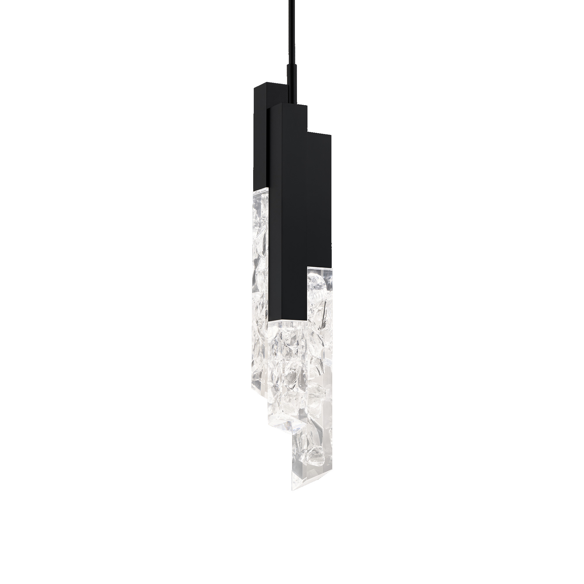 Architectural appeal. Cantilevered columns of reclaimed K5 crystal extend from a sturdy frame, creating alluring illumination from hidden LEDs.