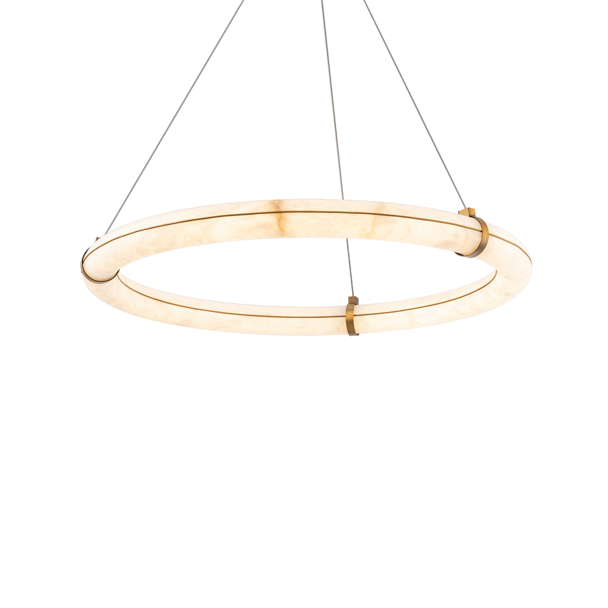 A glorious glow. Gentle contours composed of natural Spanish Alabaster radiate striking patterned luminescence. Accented by gleaming trim and suspended by slender wires, this pendant seamlessly floats in midair.