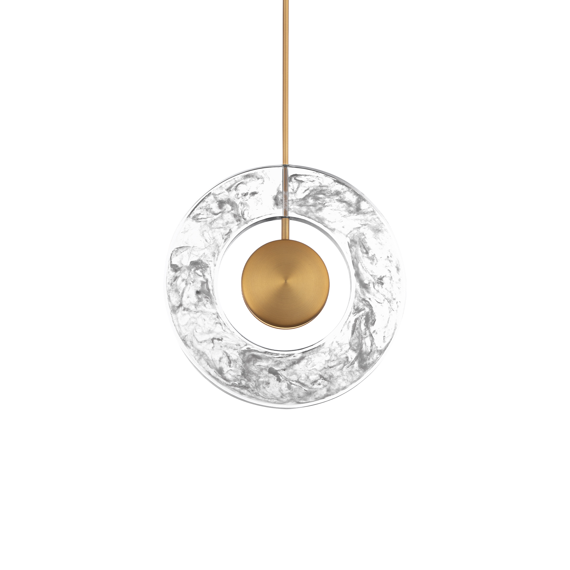 Resonating like a vibrant note stands this elegant halo of light. The heart of this creation enticingly illuminates a ring of cloudy skies. Holistic beauty is accentuated with an aged brass architectural finish.