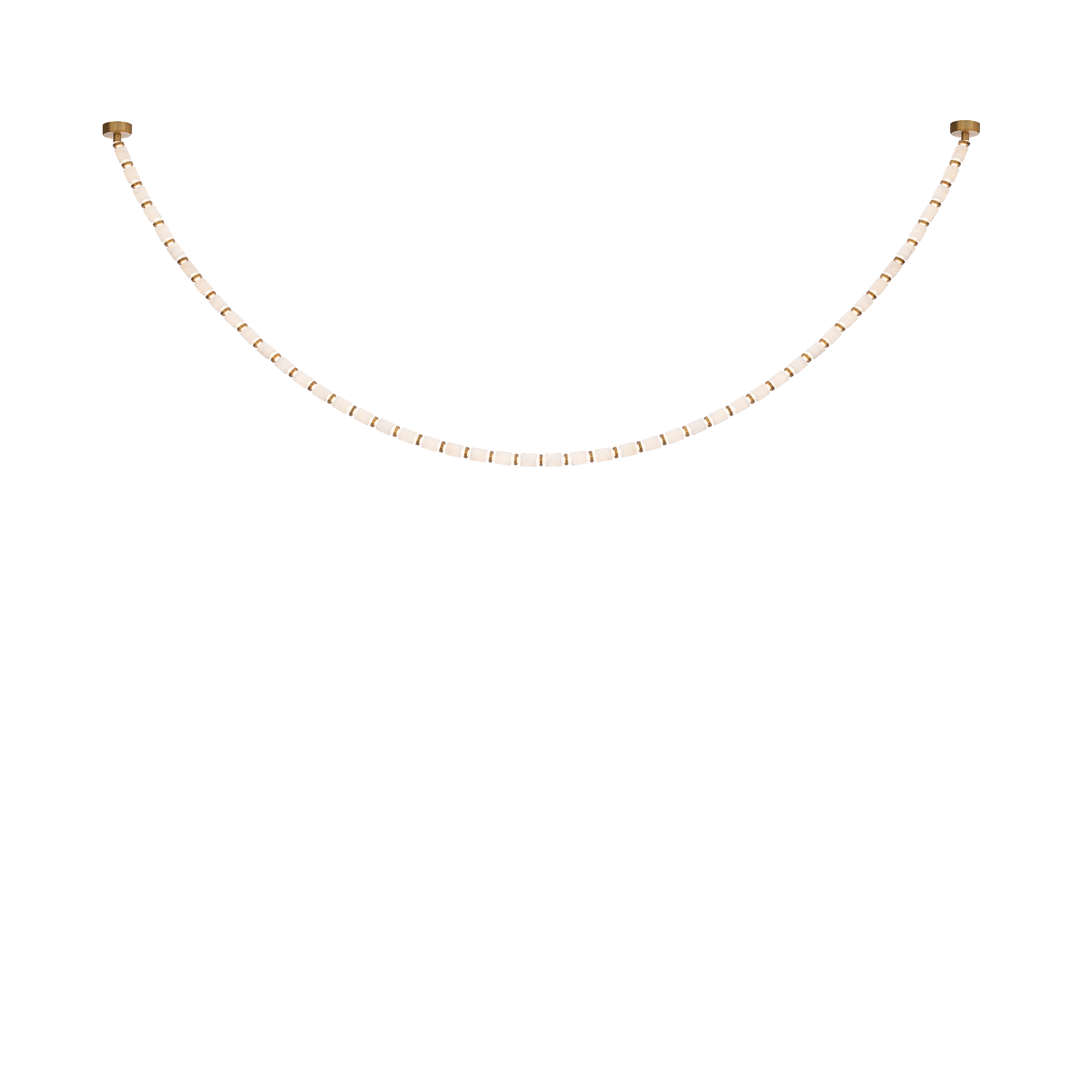 Timelessly tasteful. Cylinders of natural Spanish Alabaster and gleaming metallic collars ornament a silica strand, creating a gemlike presence.