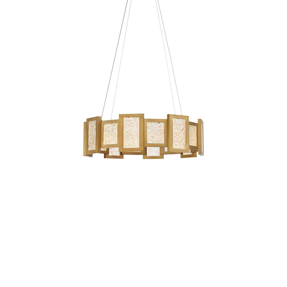 An elegant chandelier combining energy efficiency with lustrous metal finishes and gold encased art glass panes. Soft and even illumination from an innovative design only made possible with the latest in LED technology.