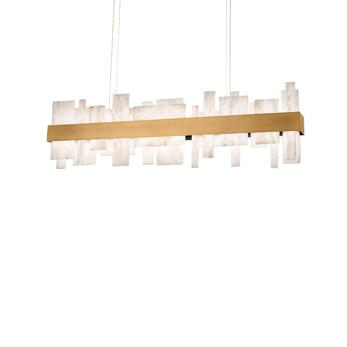 From the shining city on a hill, our visual vocabulary gives us a statement piece for the ages. This abstract lightscape features undulating Spanish natural alabaster forms reflected below a luminous band in peaceful symmetry. Ultra-thin power cables and minimal hardware completes a clean architectural design.