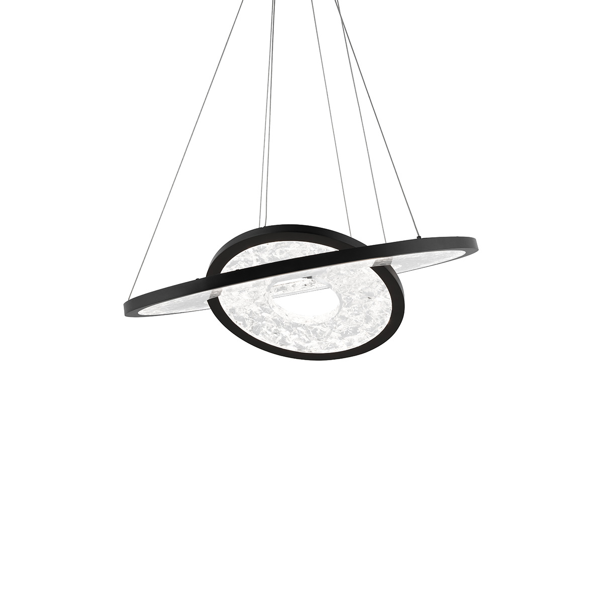 Two orbits of cosmic dust dancing in space. Rings can be adjusted independently to create a spectacular modern statement of varying relational elements.