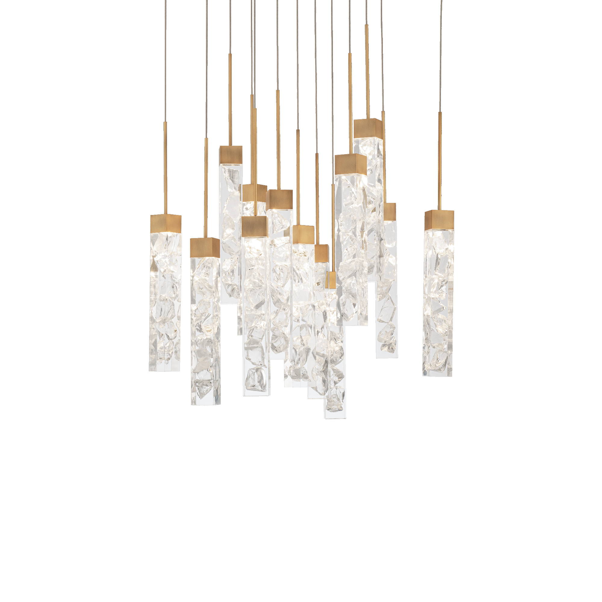 Artisanally sparkling pendants are installed in various arrangements to create an artful statement as well as deliver ample lighting to spaces throughout a home or business.