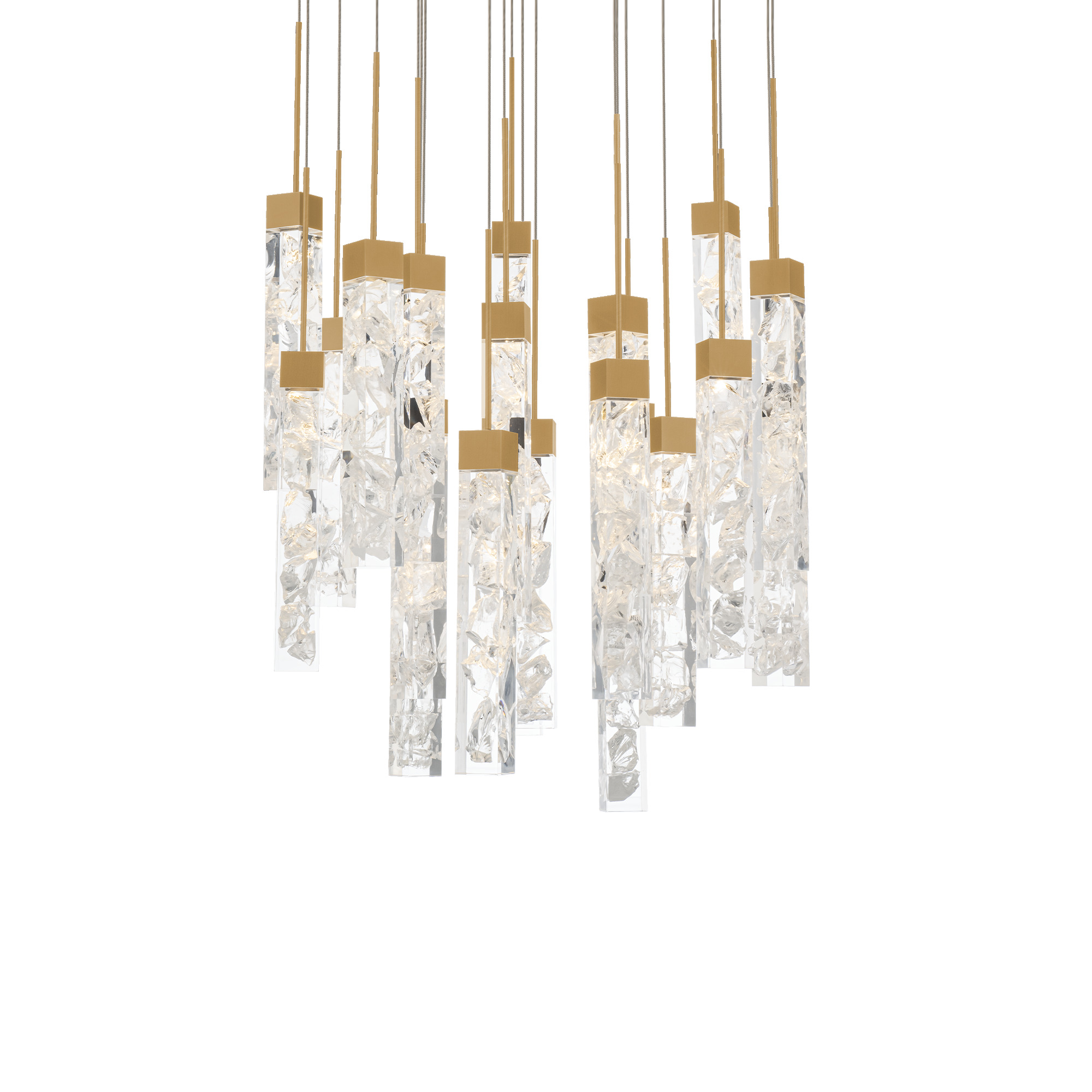 Artisanally sparkling pendants are installed in various arrangements to create an artful statement as well as deliver ample lighting to spaces throughout a home or business.