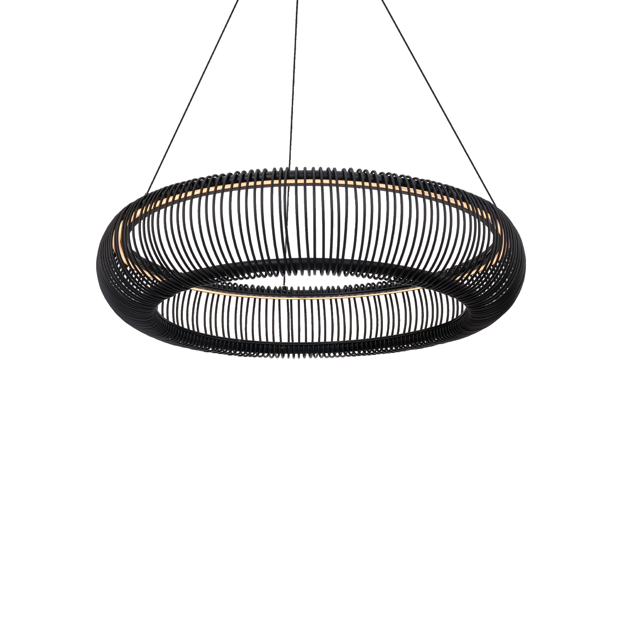The minimalist Lute pendant utilizes delicate wires to create a mesh circular cage with a modern design. An LED diffuser gracefully encircles the top, delivering a soft halo of color temperature adjustable light to the surrounding space.