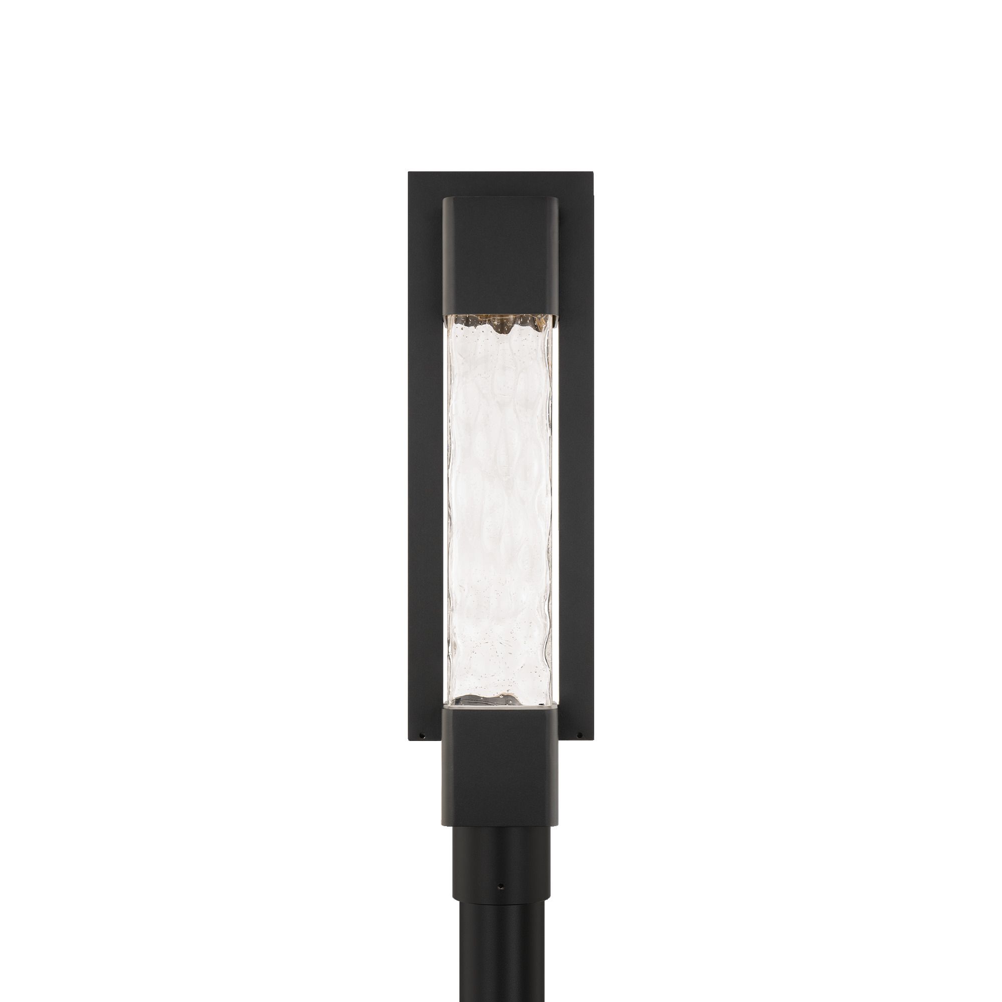 The contemporary Mist outdoor post mount light is inspired by handmade colonial era glass window panes. The seeded and hammered glass is captivatingly framed, weather resistant and glows from integrated 3000K LED illumination. Mist is sized at 23 inches and is available in a choice of black or bronze finishes.