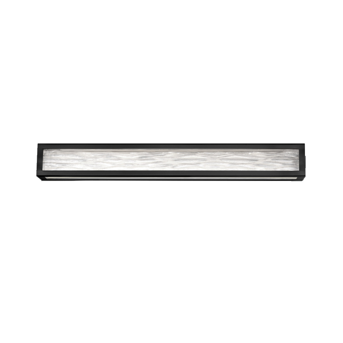 A dramatic fluid design. The rhythm of rippling oceanic waves is captured within the cased glass lens floating inside the frame. Integral LEDs backlight the glass for a stunning luminous effect, like reflections of moonlight on waves.