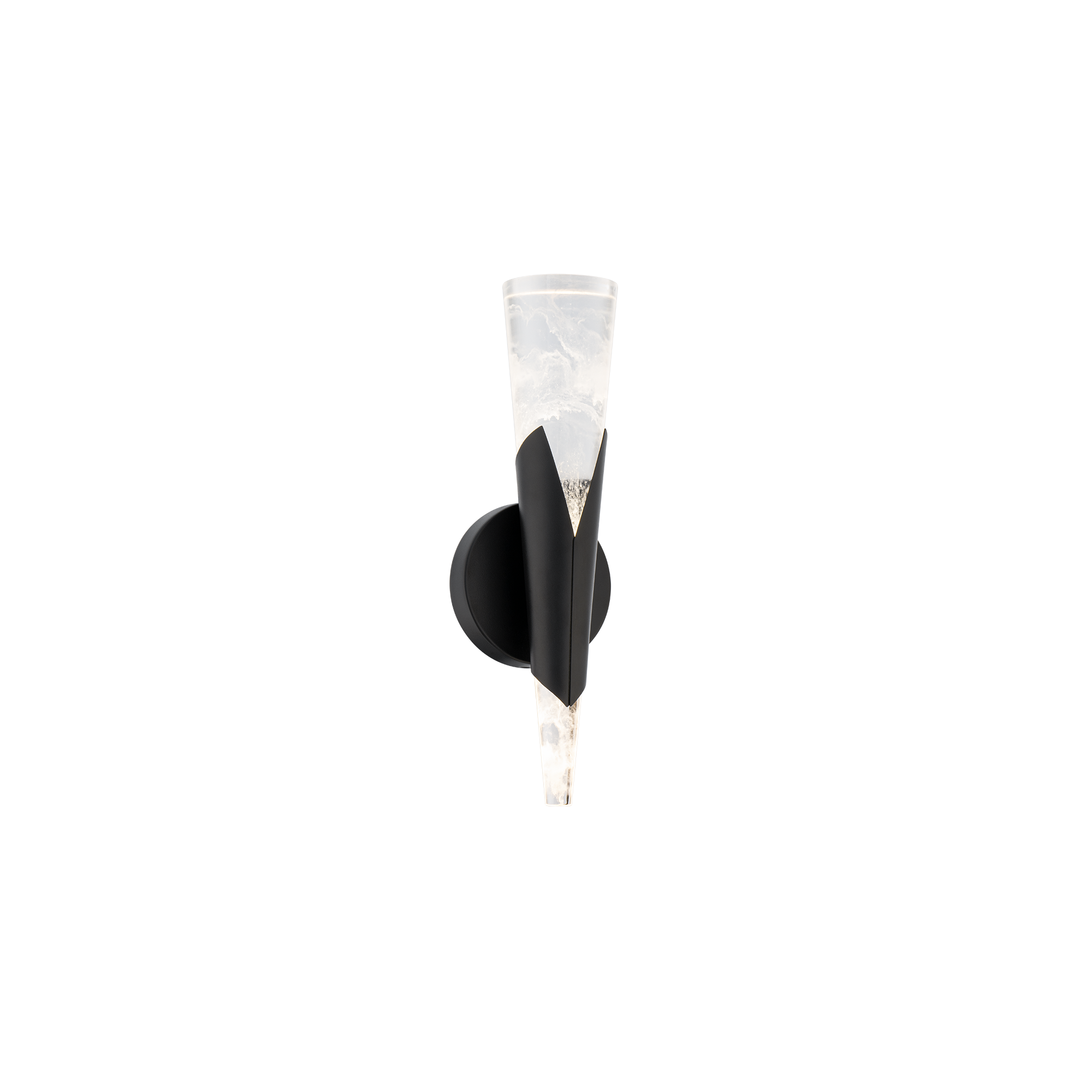 Warm LED light is guided upward and downward by a column of elegant, hazy cloud acrylic bound with a gleaming wrapped band.