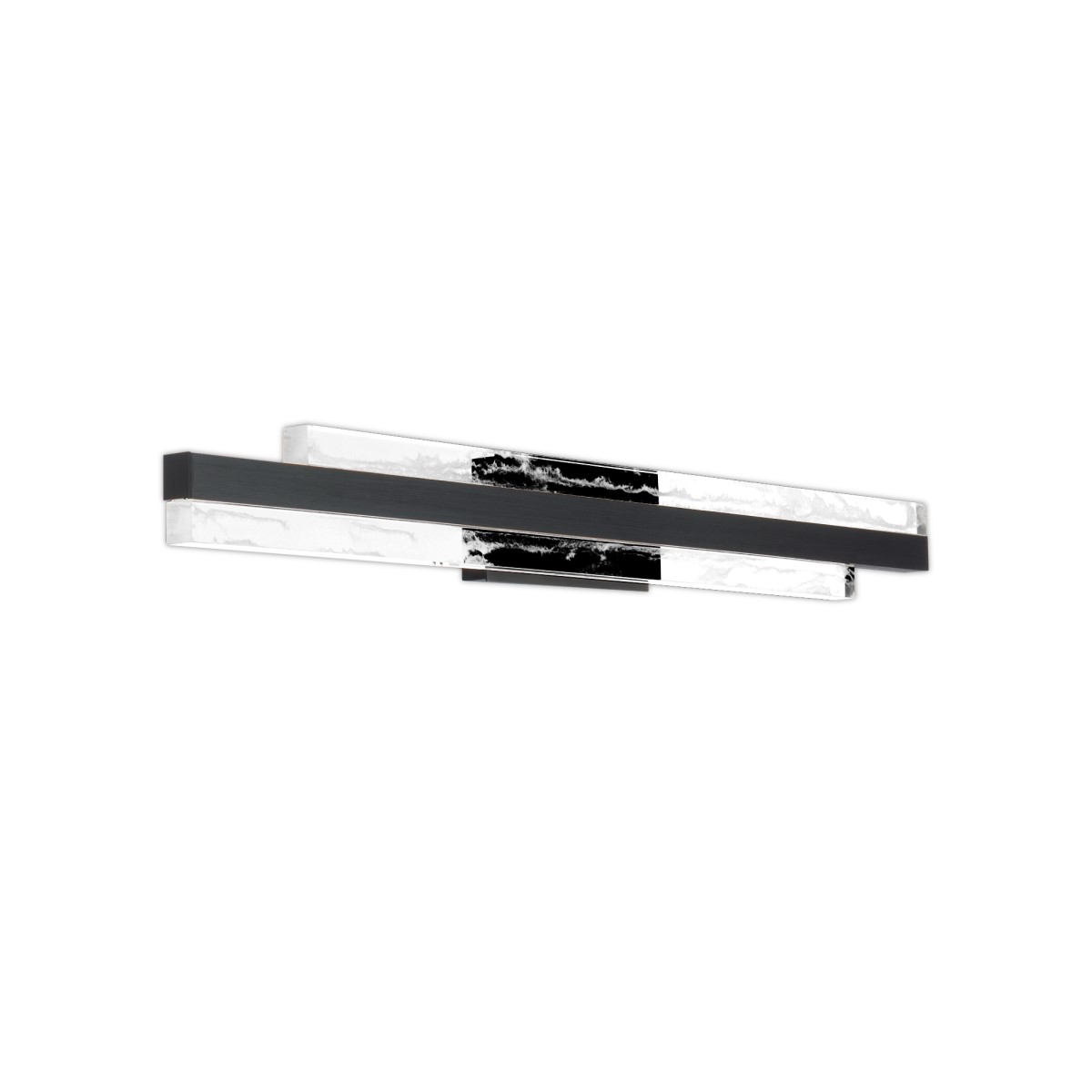 Asymmetrical elegance in lumosity. Double blocks of cloudy acrylic sandwich a metal bar. Artisan crafted for all orientations around your vanity in a fine bath.