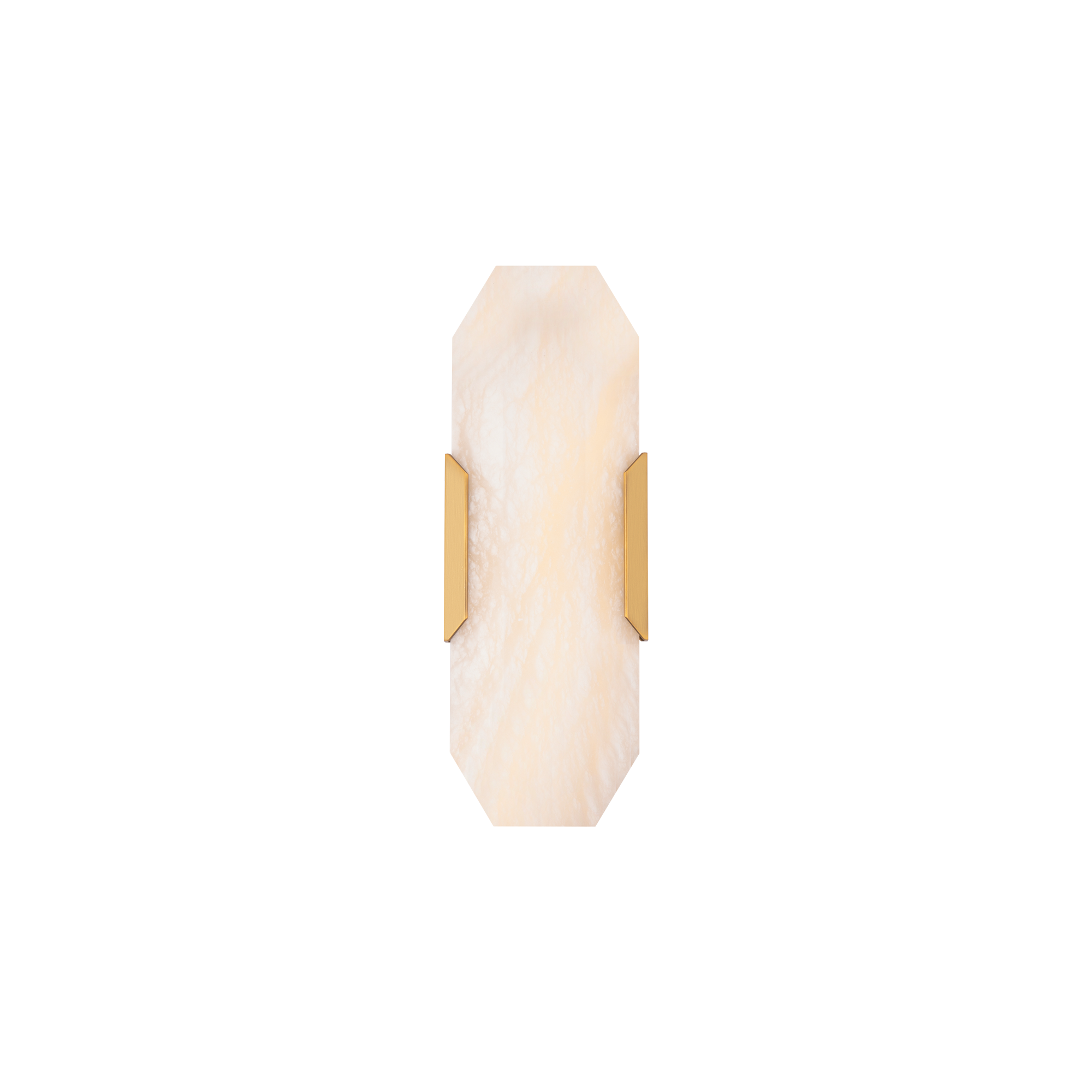 Add a dose of luxury from the rich and varied look of carved alabaster. Simply held by two metal accents. Diffused illumination glows from the stone creating an elegant, refined aesthetic.