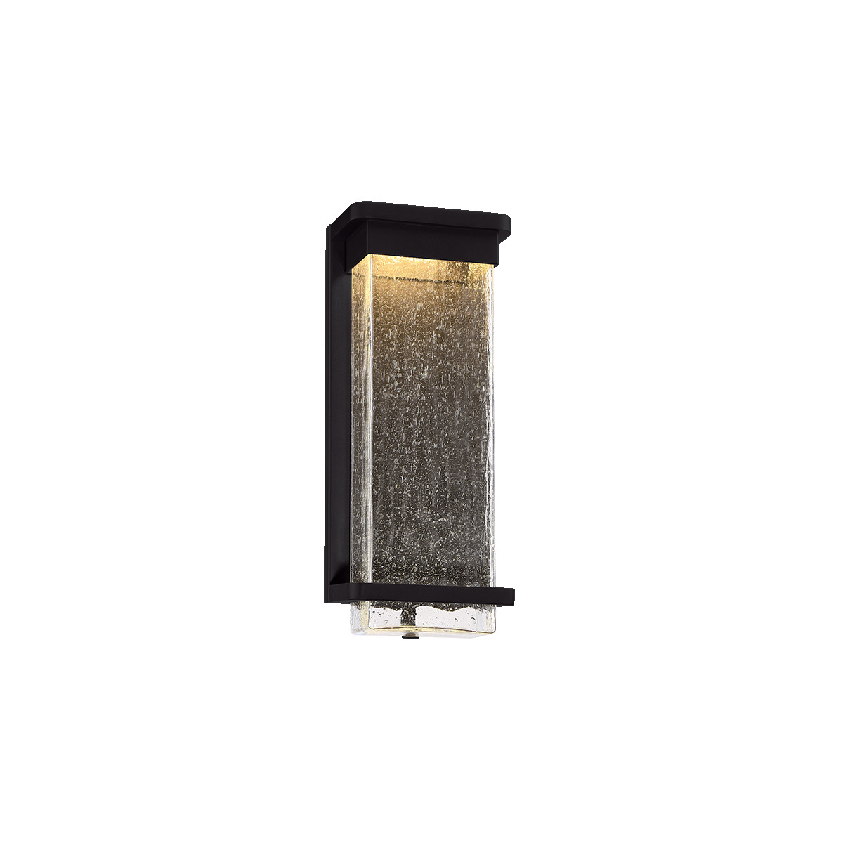 Raindrops falling gently on the window pane. This stunning effect is the result of concealed LEDs illuminating from above while casting a warm beam through clear hammered seeded, mouth-blown optic glass. The durable body and minimalist design compliment a multiplicity of architectural styles. Perfect for indoor and outdoor settings in luxury homes and resorts.