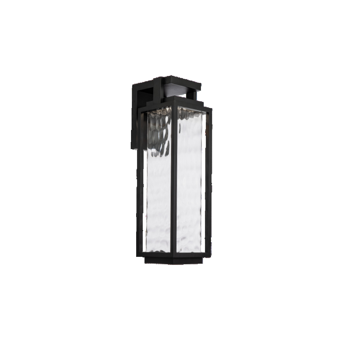 Take shelter from the storm. Like a hard rainfall on the window panes, timeless inspiration is melded with modern technology to create a stunning LED luminaire. Beautiful light diffuses through clear hammered mouth blown glass for a soft glow on all sides of this geometric wall sconce. Crafted from extruded aluminum and wet rated for outdoor use, this piece is guaranteed to make a grand first impression.