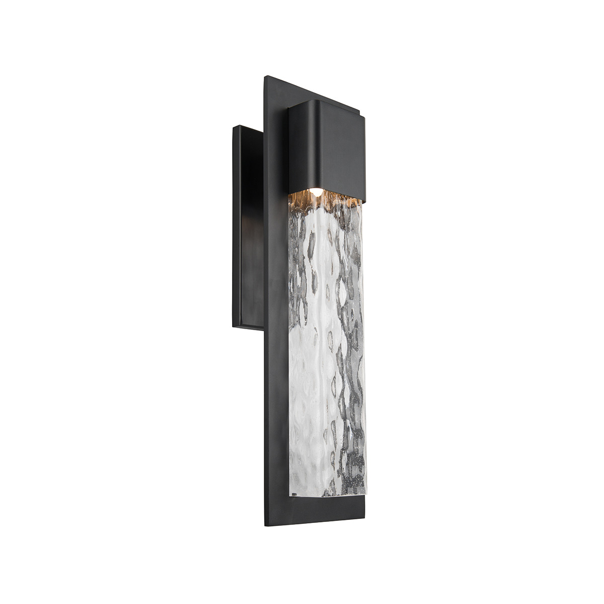 A contemporary outdoor sconce inspired by the handmade colonial era glass window panes. The seeded and hammered glass is captivatingly framed and weather resistant finished.