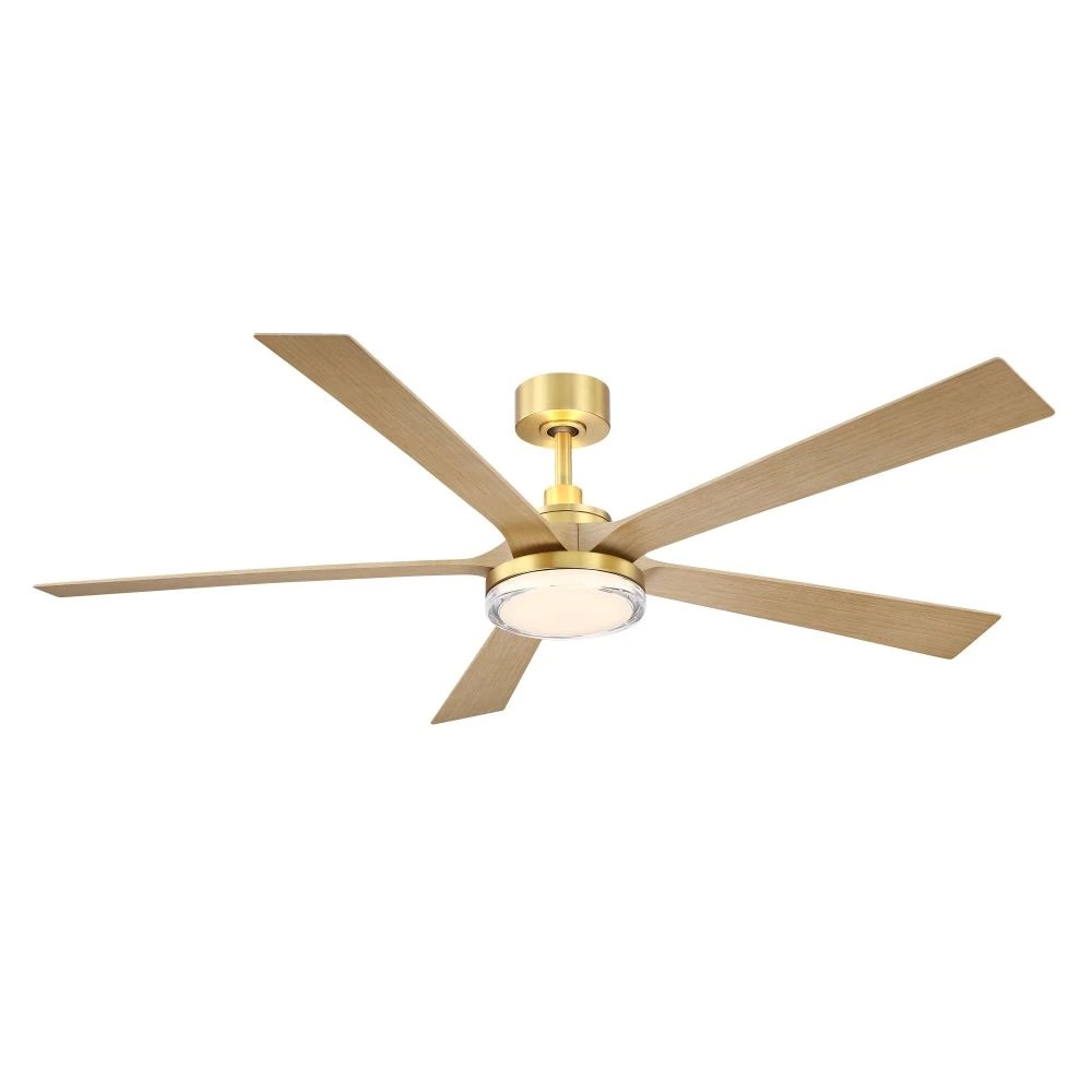 TorchAire 52 inch Indoor/Outdoor Smart Ceiling Fan with LED CCT Select Light Kit - Brushed Satin Brass with Natural blades