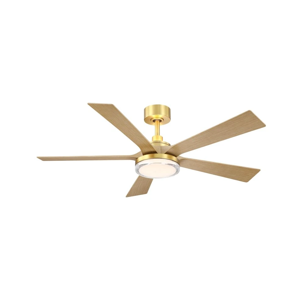 TorchAire 64 inch Indoor/Outdoor Smart Ceiling Fan with LED CCT Select Light Kit - Brushed Satin Brass with Natural blades