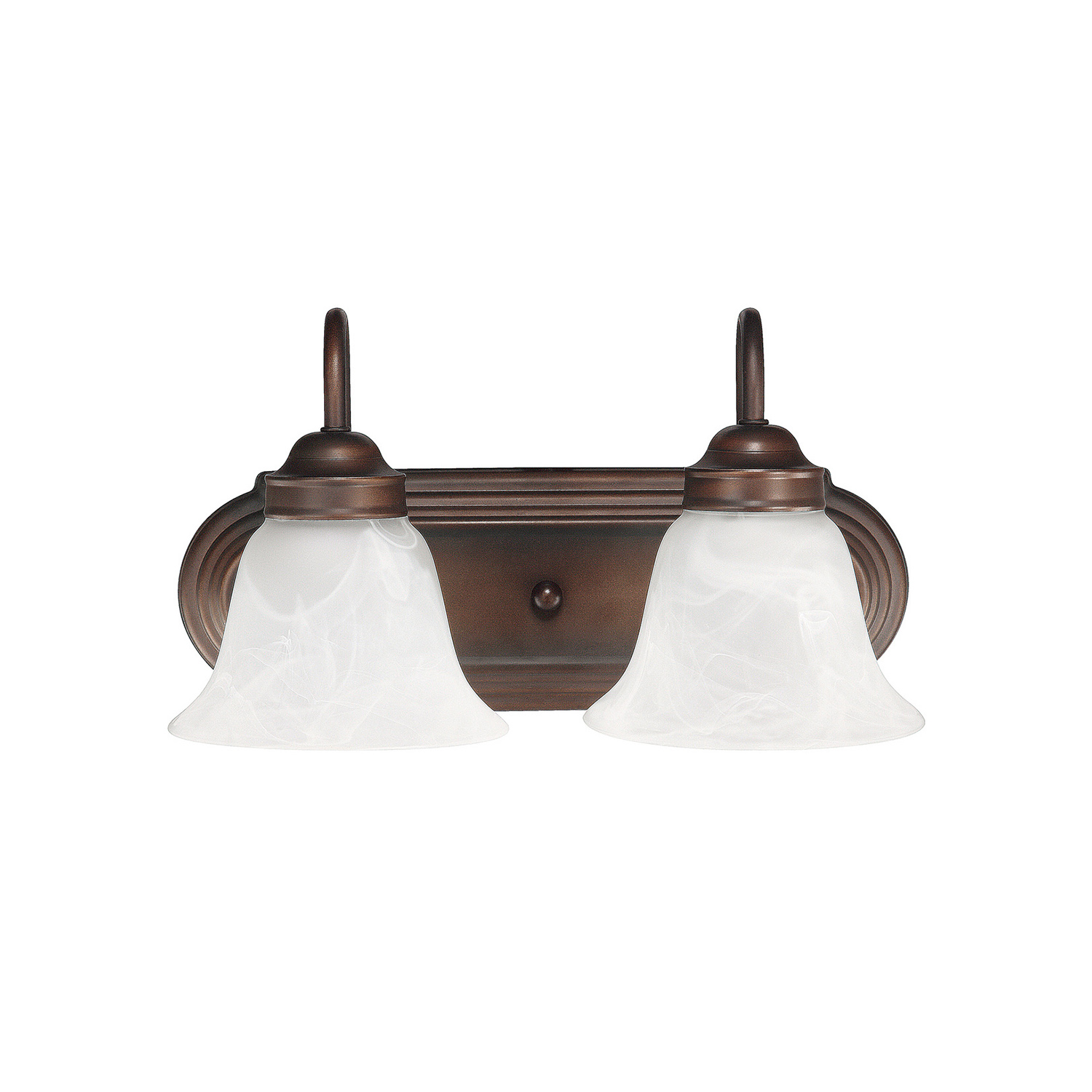 14" W x 8" H x 8" E 2-Light Vanity in Burnished Bronze with White Faux Alabaster Glass Shades