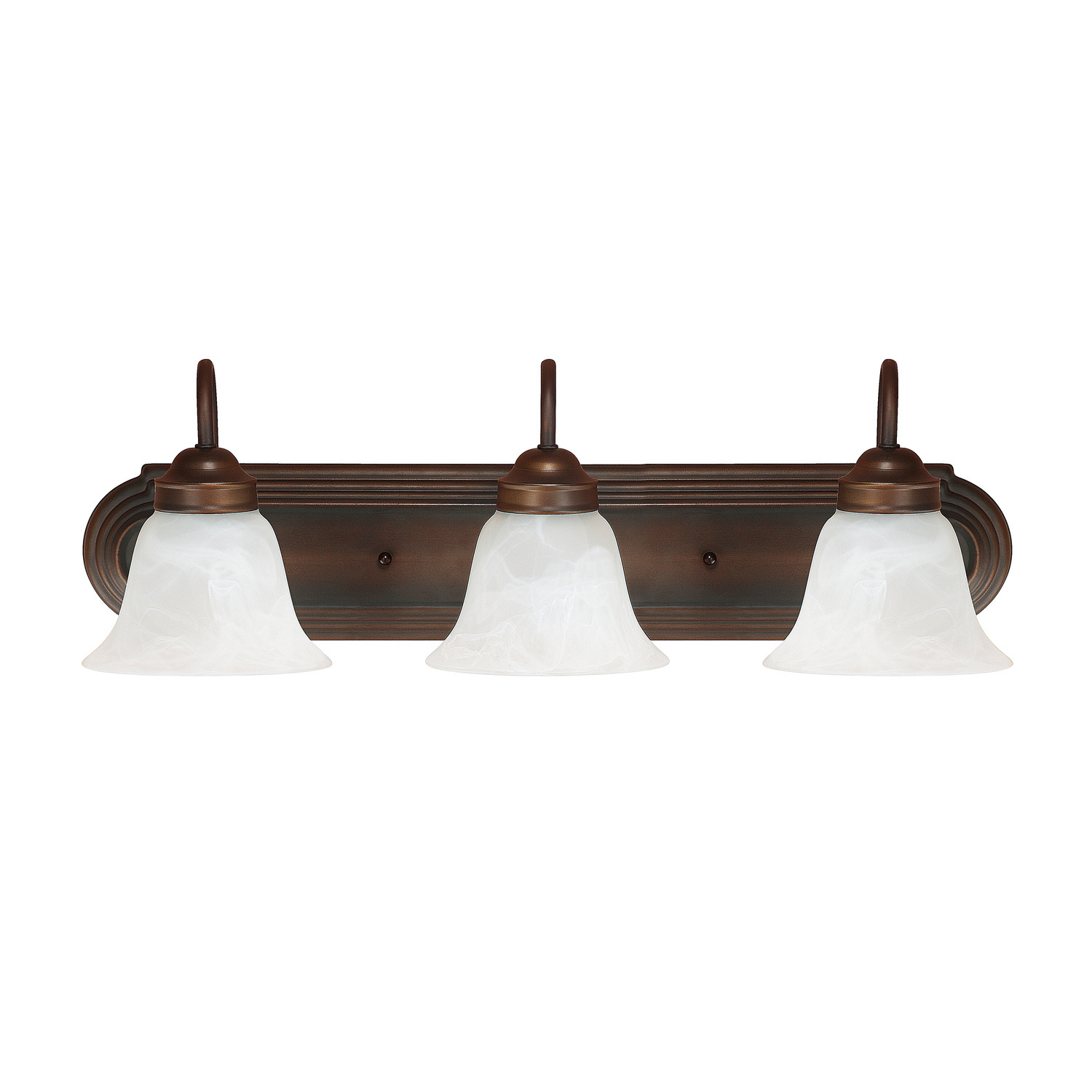 24" W x 8" H x 8" E 3-Light Vanity in Burnished Bronze with White Faux Alabaster Glass Shades