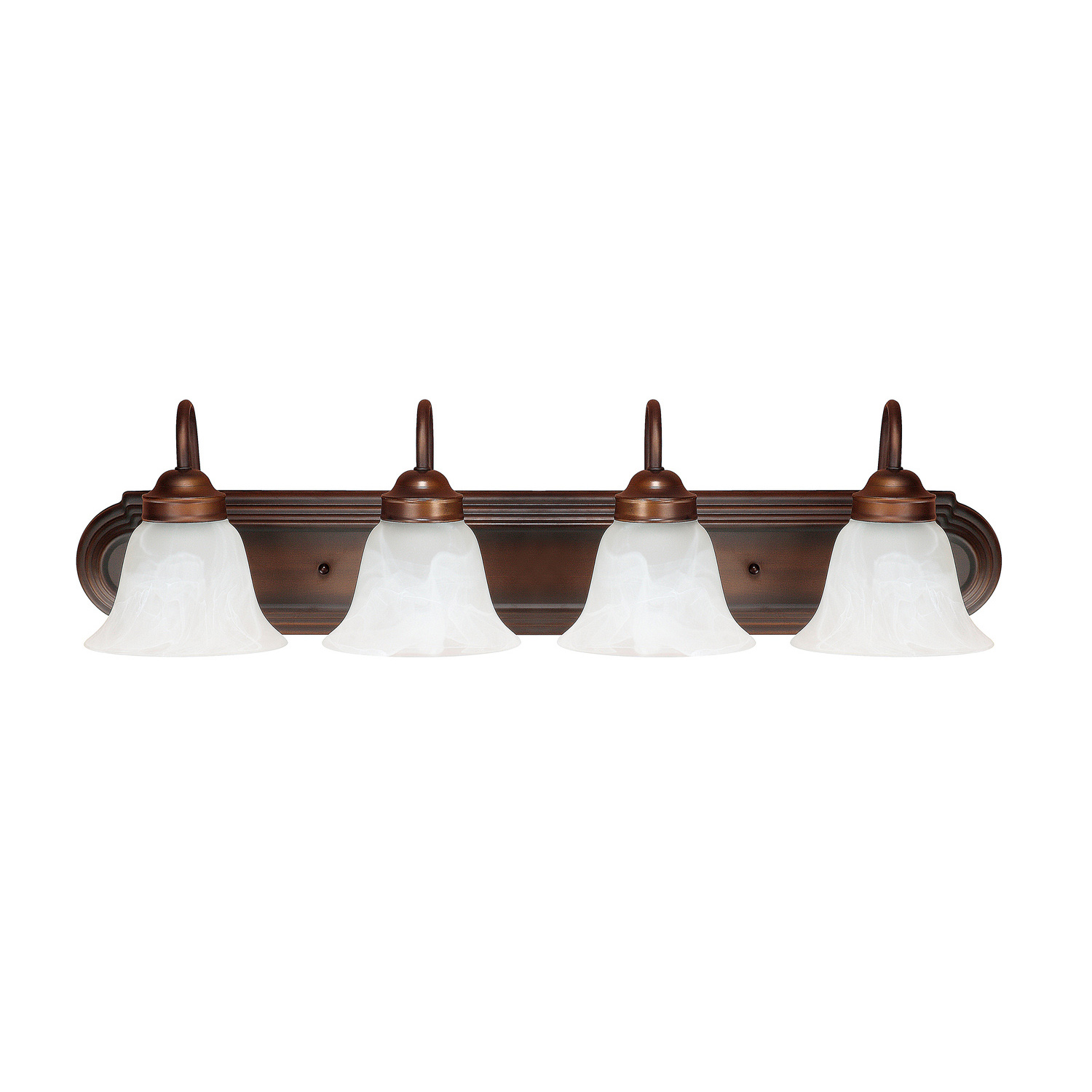 30" W x 8" H x 8" E 4-Light Vanity in Burnished Bronze with White Faux Alabaster Glass