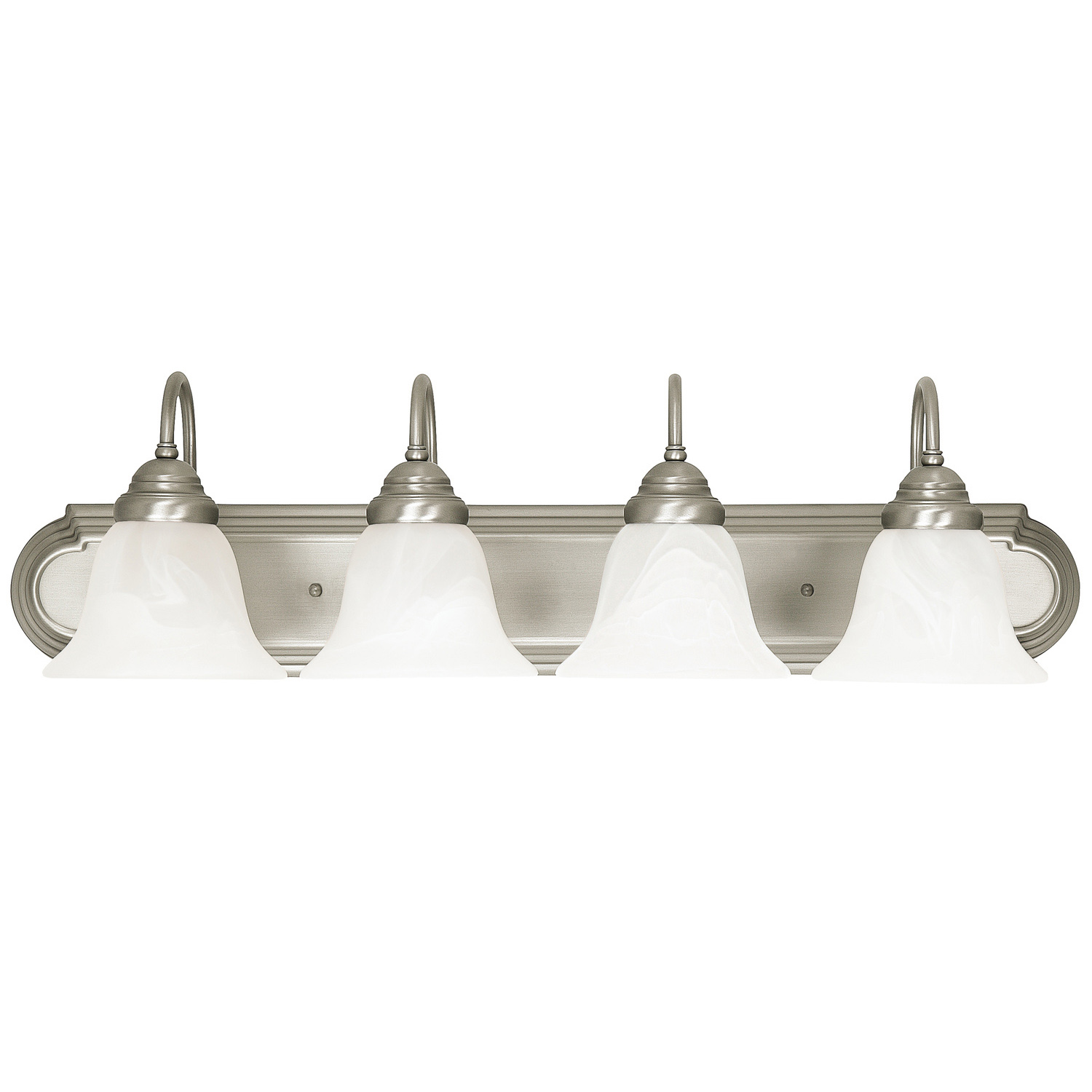 30" W x 8" H x 8" E 4-Light Vanity in Matte Nickel with White Faux Alabaster Glass Shades