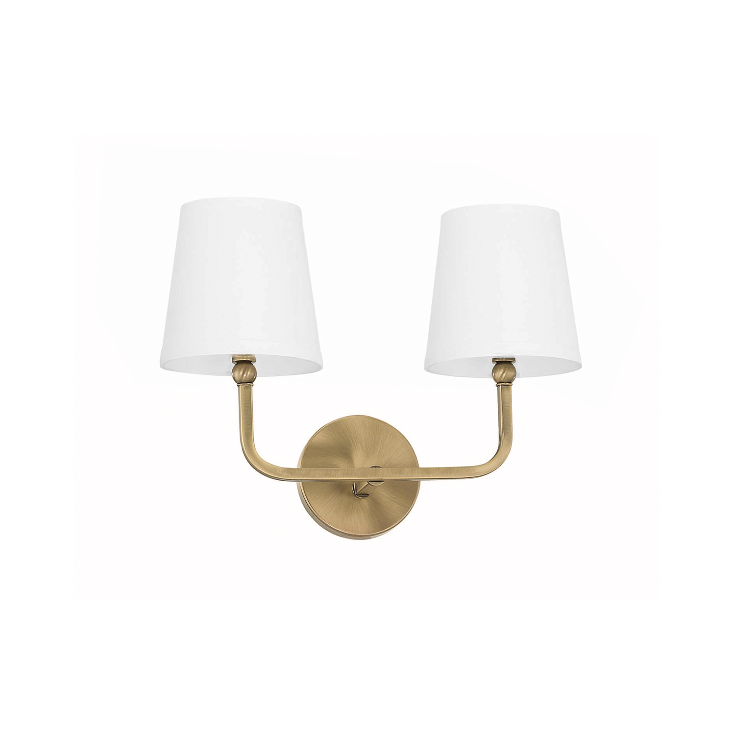 16" W x 12" H x 7" E 2-Light Vanity in Aged Brass with White Fabric Shades