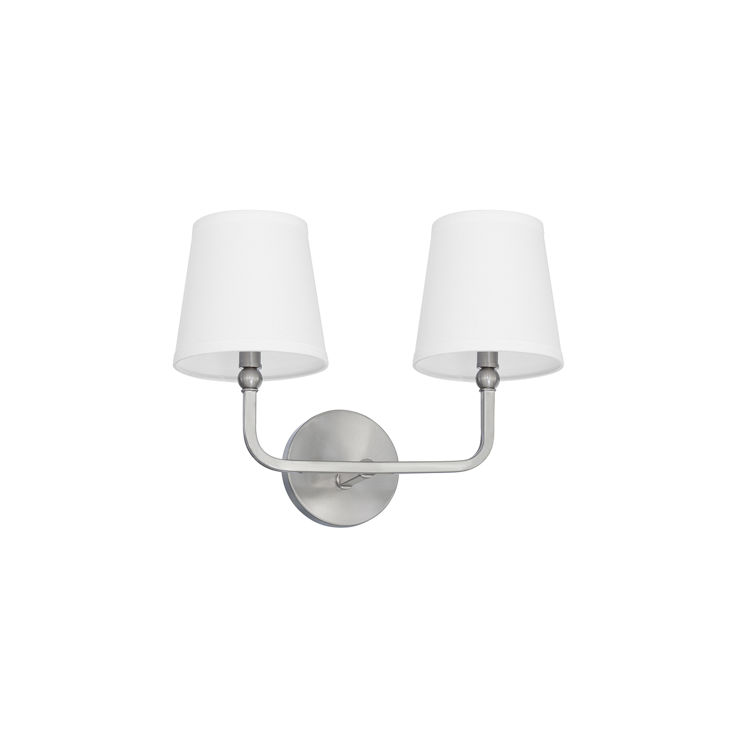 16" W x 12" H x 7" E 2-Light Vanity in Brushed Nickel with White Fabric Shades