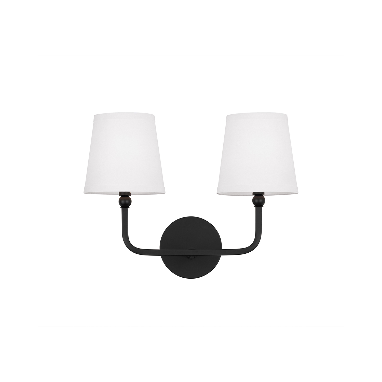 16" W x 12" H x 7" E 2-Light Vanity in Matte Black with White Fabric Shades