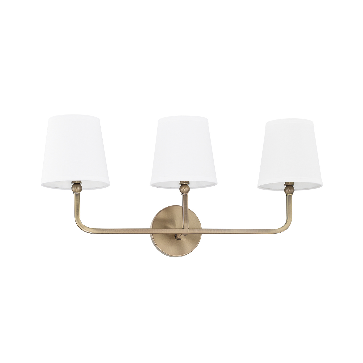 25.5" W x 12" H x 7" E 3-Light Vanity in Aged Brass with White Fabric Shades