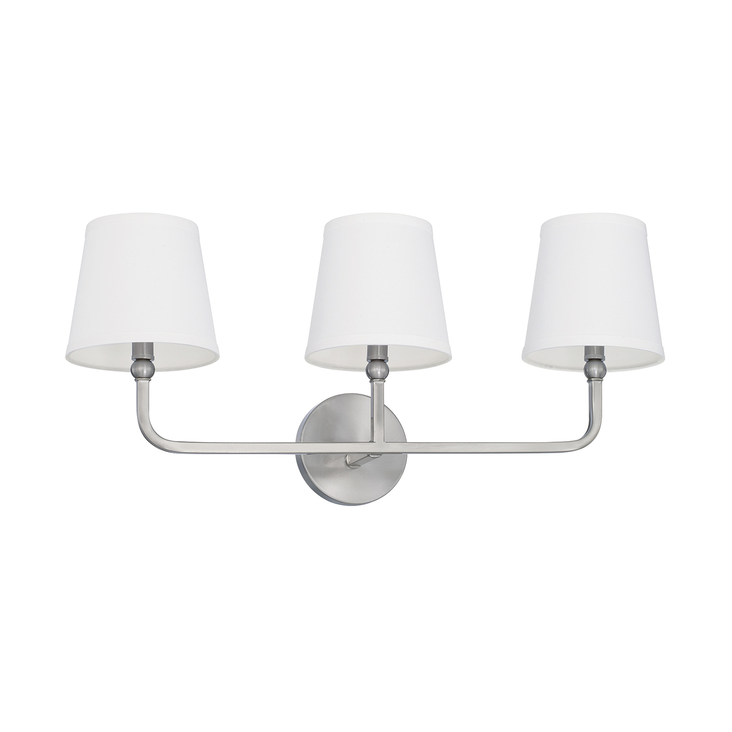 25.5" W x 12" H x 7" E 3-Light Vanity in Brushed Nickel with White Fabric Shades